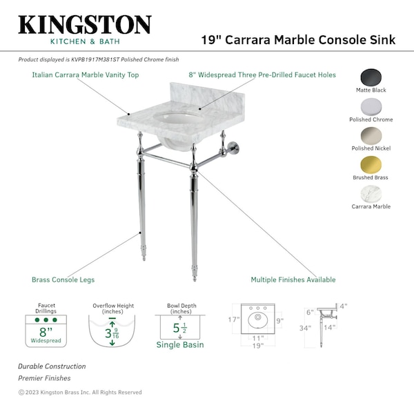 19 Carrara Marble Console Sink With Brass Legs 8 Faucet Drillings, Marble WhiteMatte Black